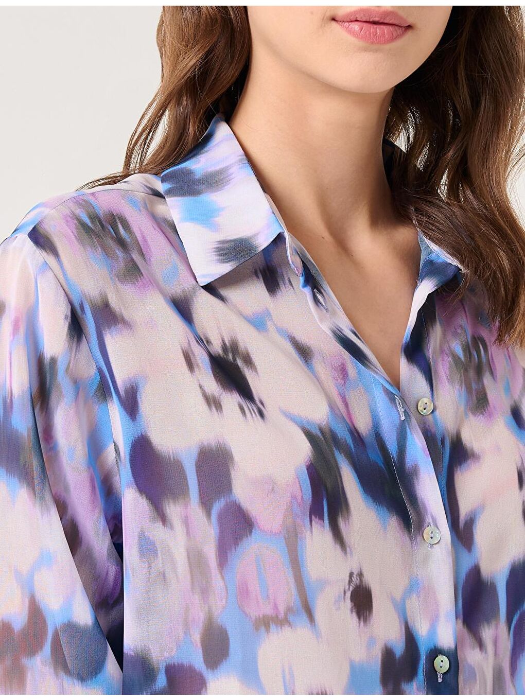 Lila Uzun Kollu Desenli Şifon Gömlek-2