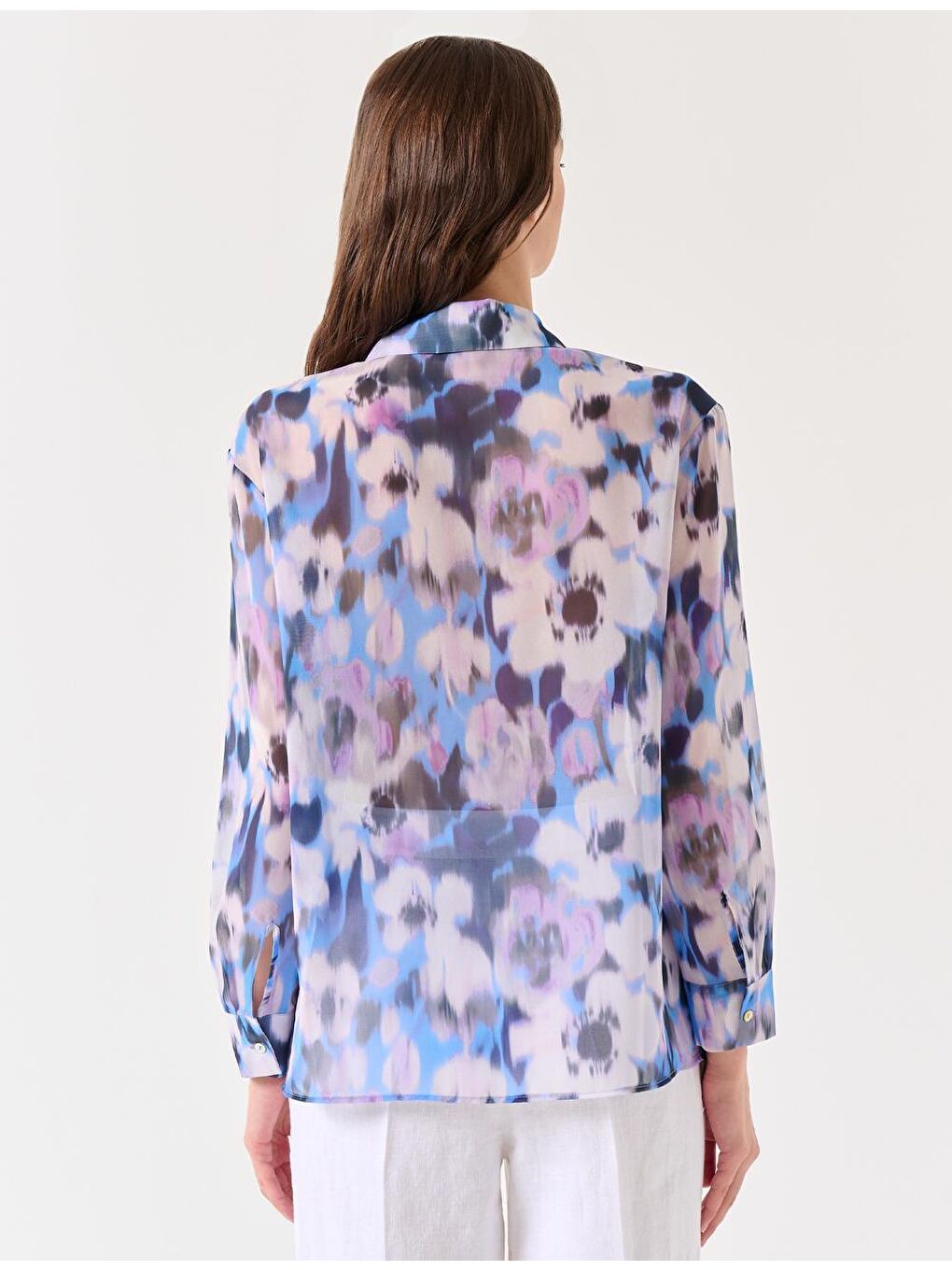 Lila Uzun Kollu Desenli Şifon Gömlek-3