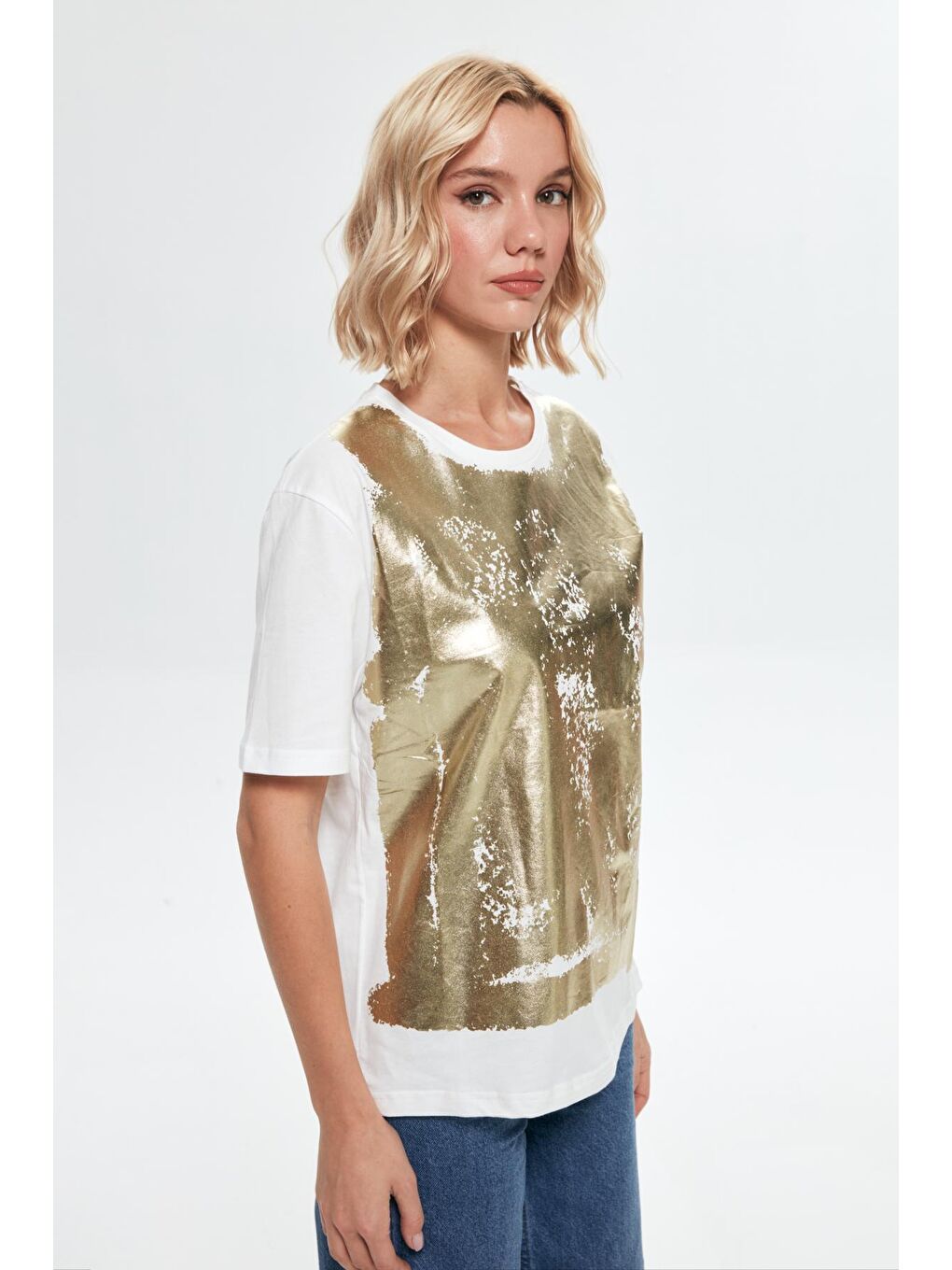 Sarı Folyo Baskılı Tişört Gold-2