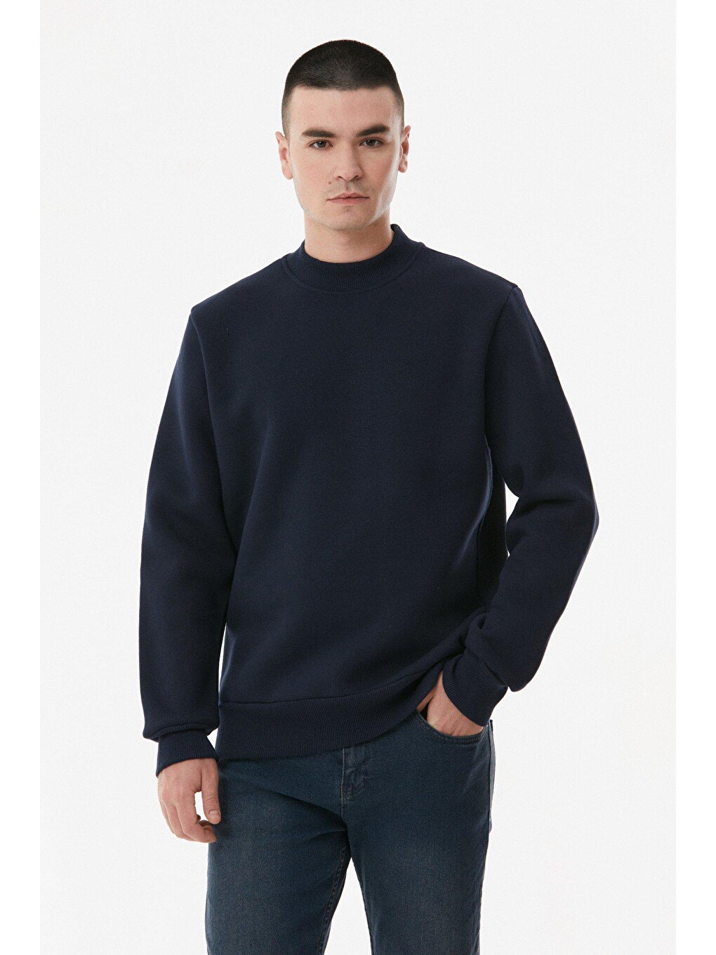 Lacivert Basic Bisiklet Yaka Sweatshirt-1