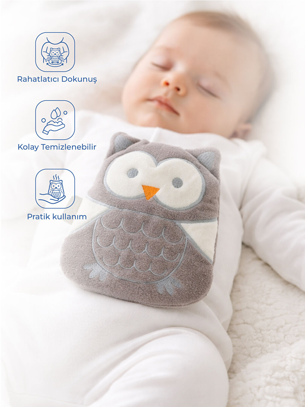 Kiraz Çekirdekli Baykuş Kadife Rahatlatıcı Gaz Kemeri & Gaz Yastığı - Gri-1