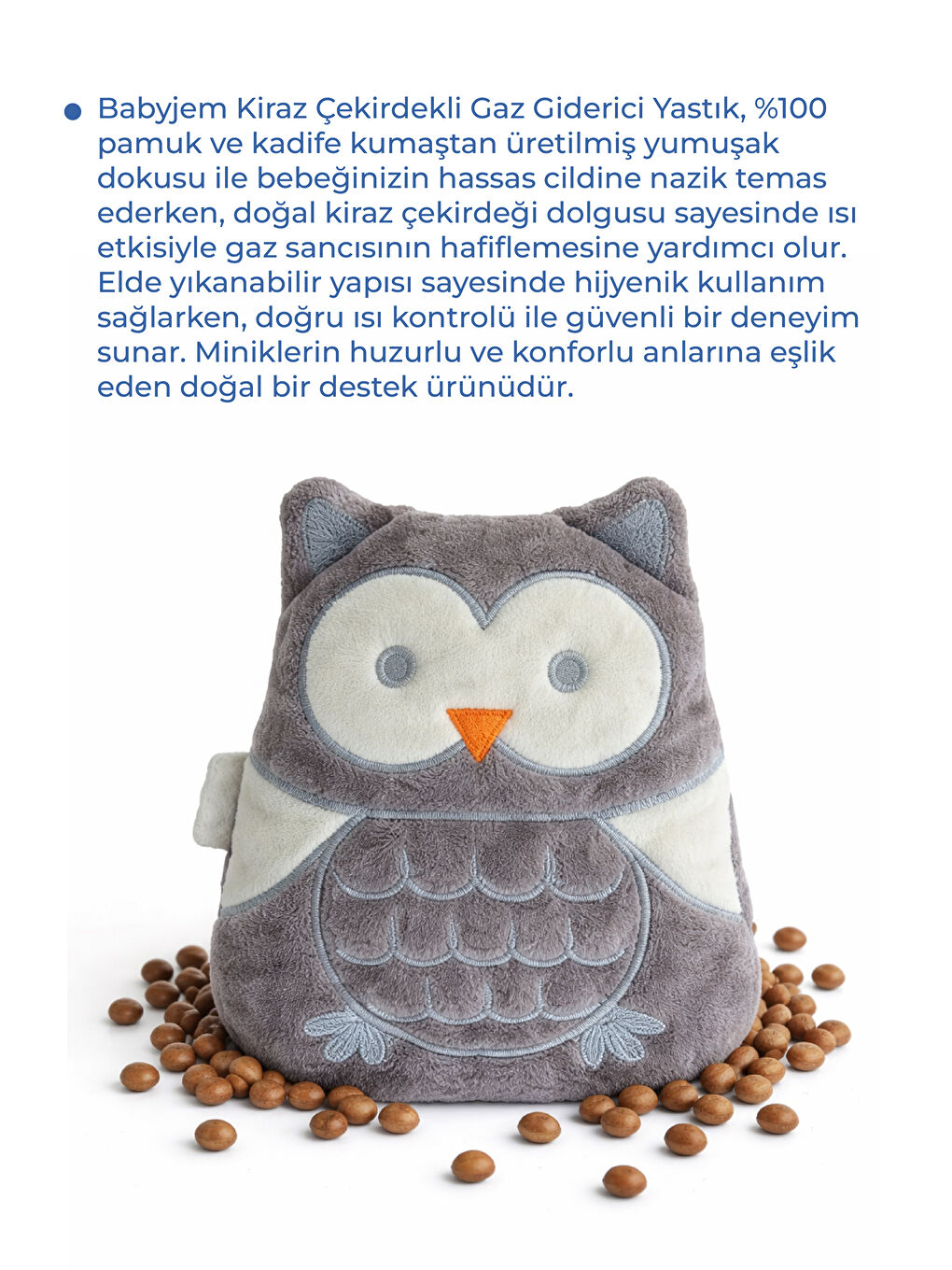 Kiraz Çekirdekli Baykuş Kadife Rahatlatıcı Gaz Kemeri & Gaz Yastığı - Gri-2