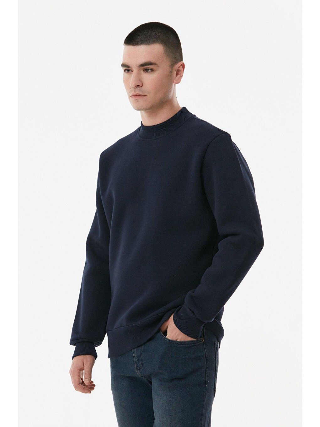 Lacivert Basic Bisiklet Yaka Sweatshirt-2