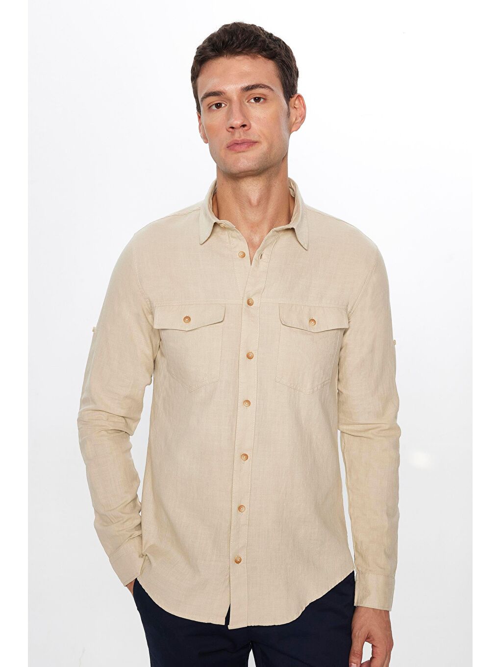 Bej Erkek Slim Fit Dar Kesim Uzun Kollu %100 Pamuk Keten Doku Çift Cep Spor Yaka Taş Rengi Gömlek