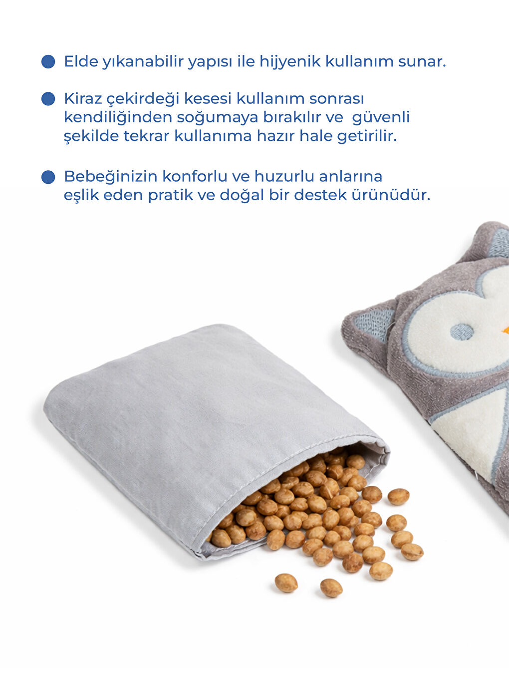 Kiraz Çekirdekli Baykuş Kadife Rahatlatıcı Gaz Kemeri & Gaz Yastığı - Gri-5