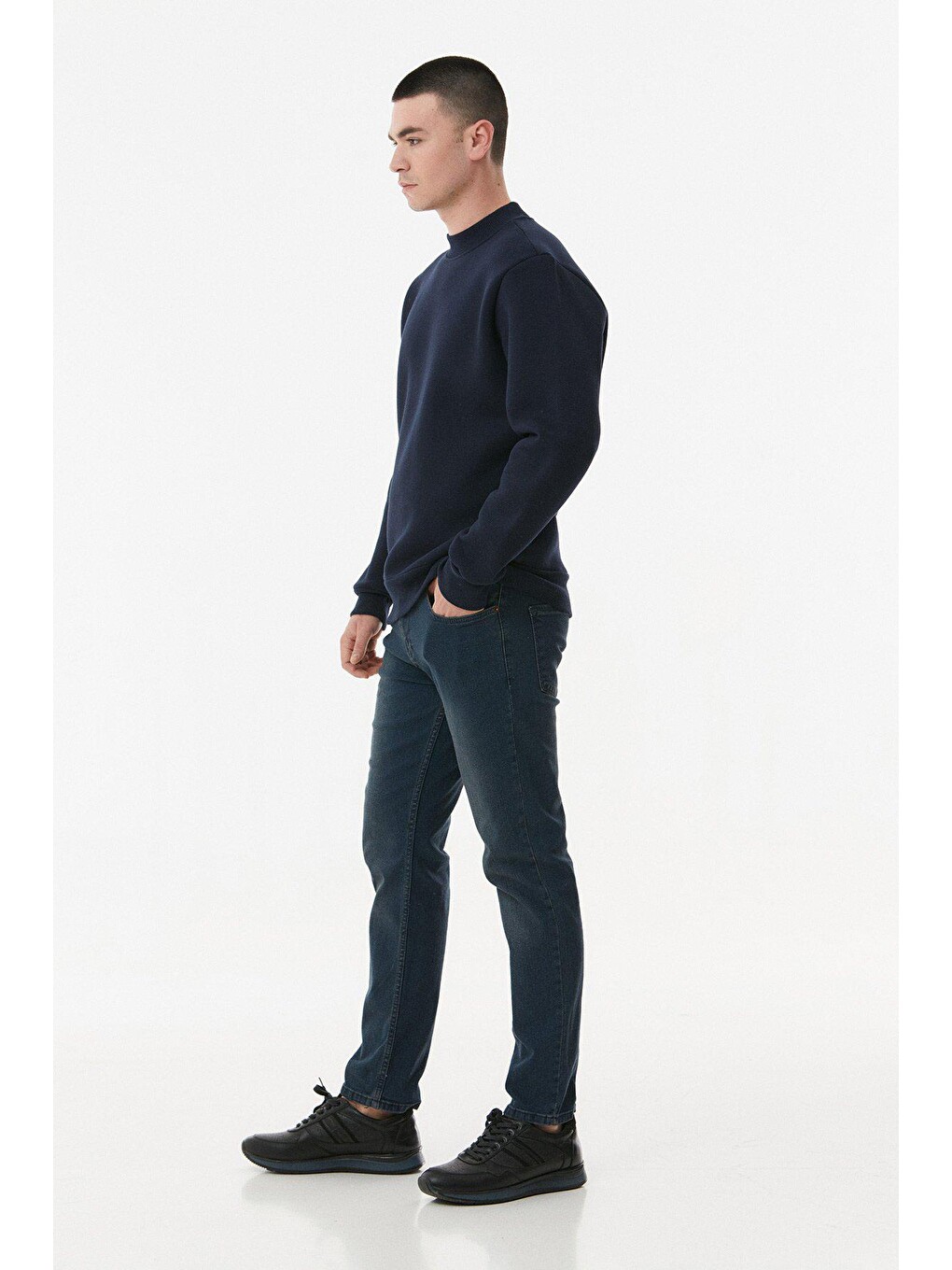 Lacivert Basic Bisiklet Yaka Sweatshirt-3