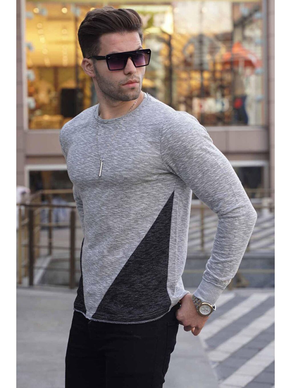 Gri Bisiklet Yaka Erkek Sweatshirt 1703-1