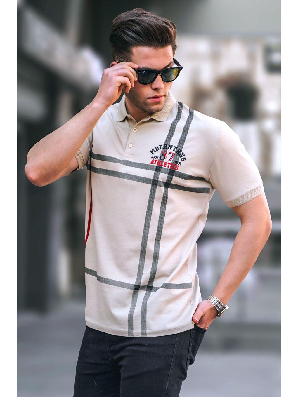 Bej Desenli Polo Yaka Erkek Tişört 5872