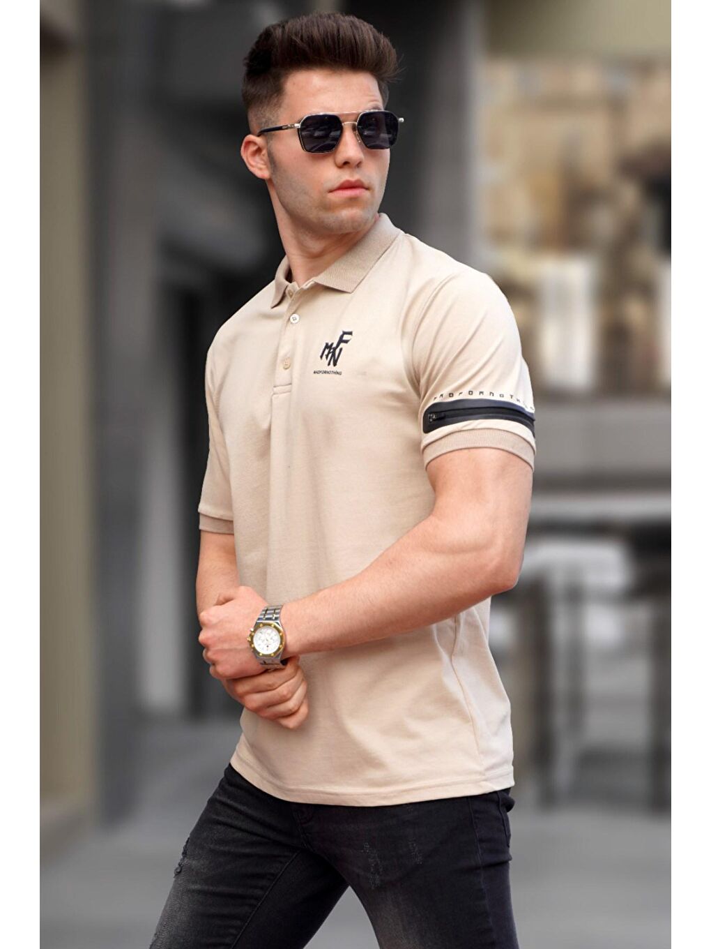 Bej Fermuar Detaylı Polo Yaka Erkek Tişört 5862