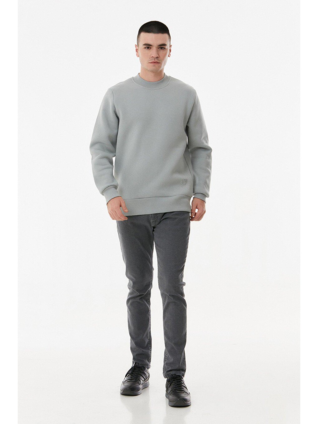 Gri Basic Bisiklet Yaka Sweatshirt-1