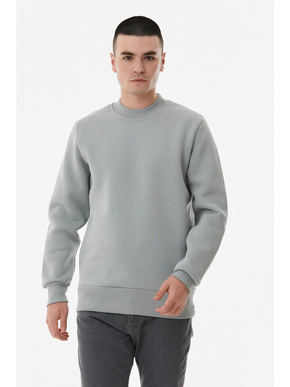 Gri Basic Bisiklet Yaka Sweatshirt-2