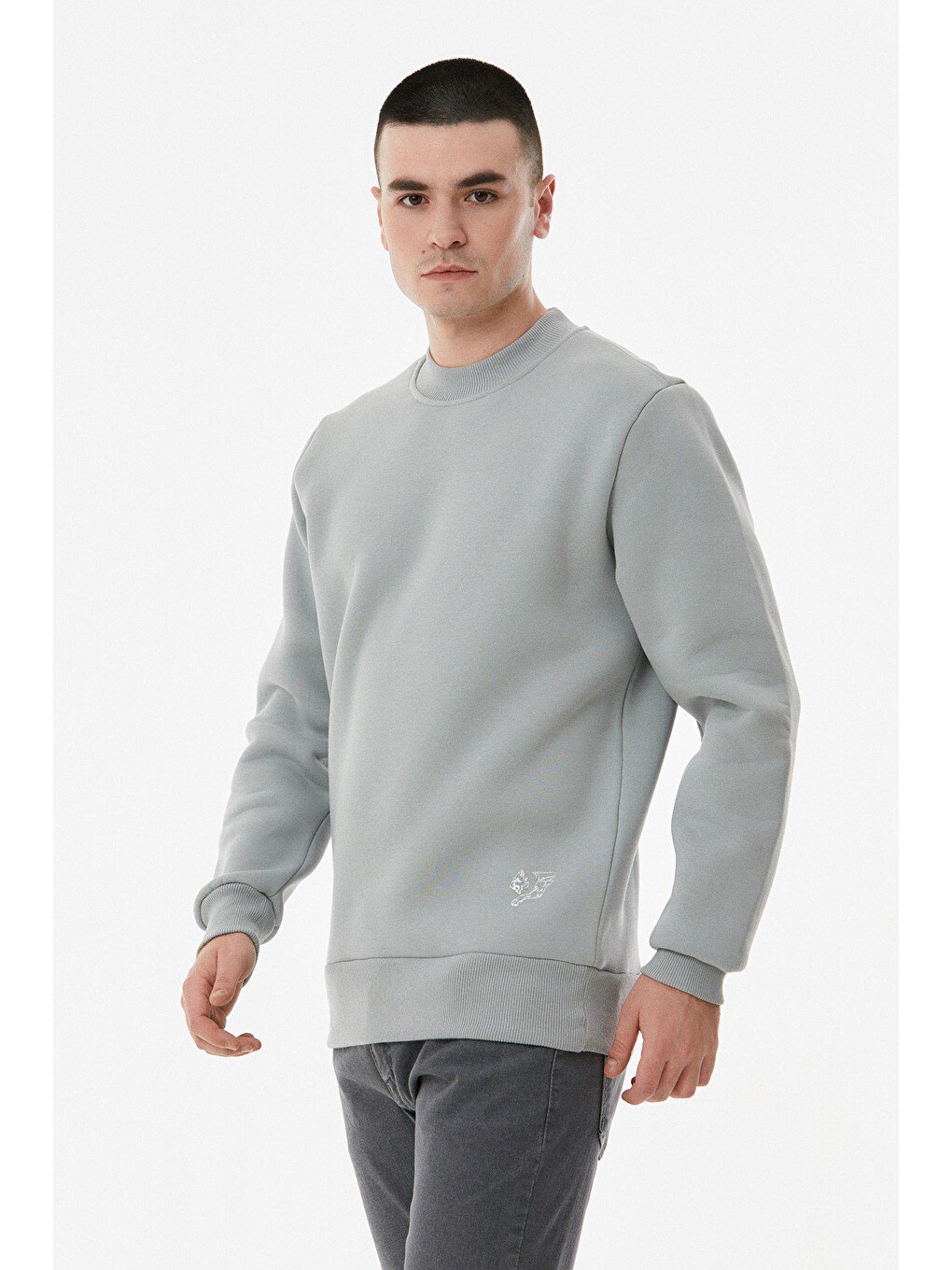 Gri Basic Bisiklet Yaka Sweatshirt-3