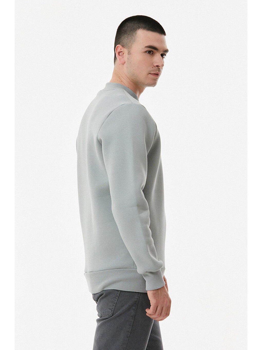 Gri Basic Bisiklet Yaka Sweatshirt-4