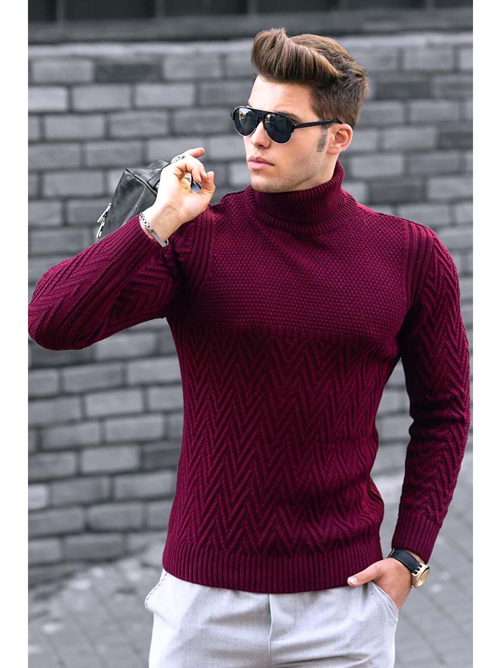 Bordo Balıkçı Yaka Örgü Desenli Kazak 4655