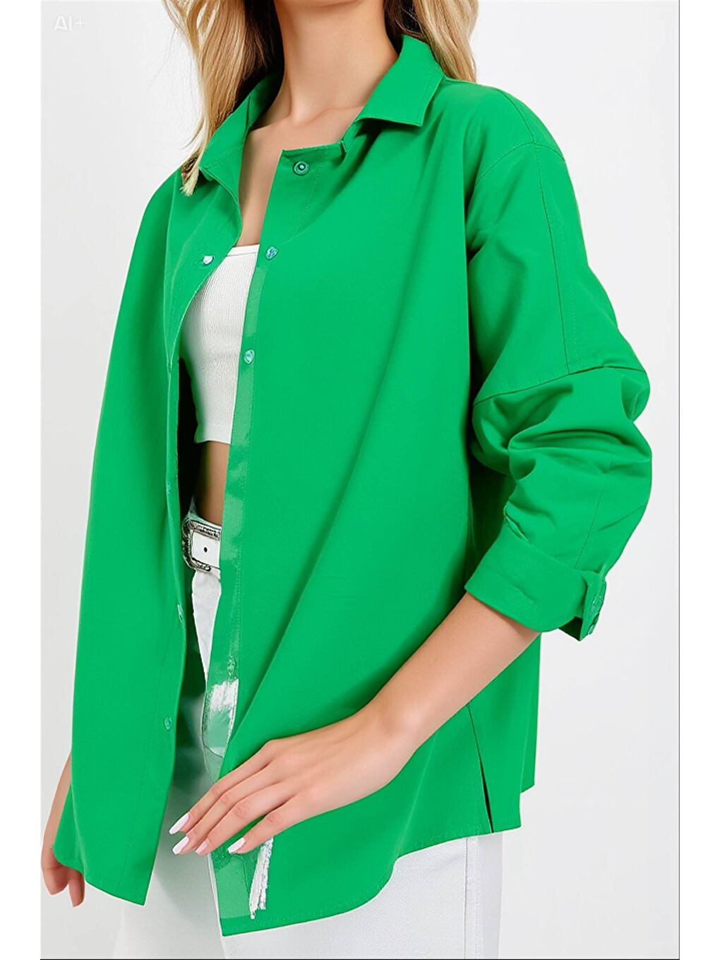 Kadın Koyu Yeşil Oversize Uzun Basic Gömlek HZL22W-BD139001-3