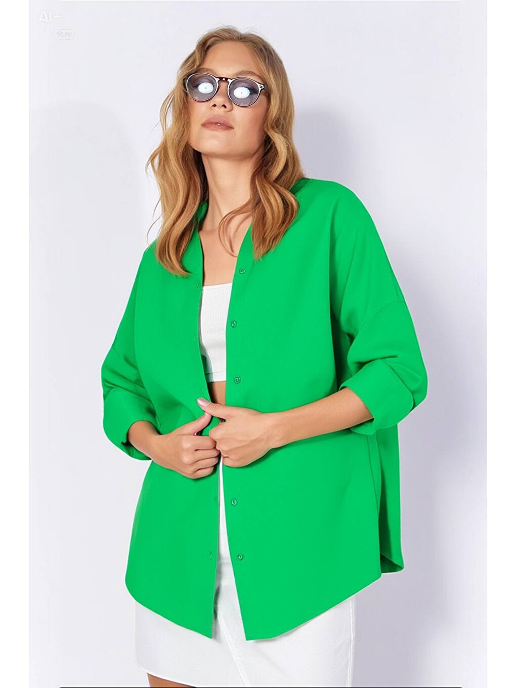 Kadın Koyu Yeşil Oversize Uzun Basic Gömlek HZL22W-BD139001-1