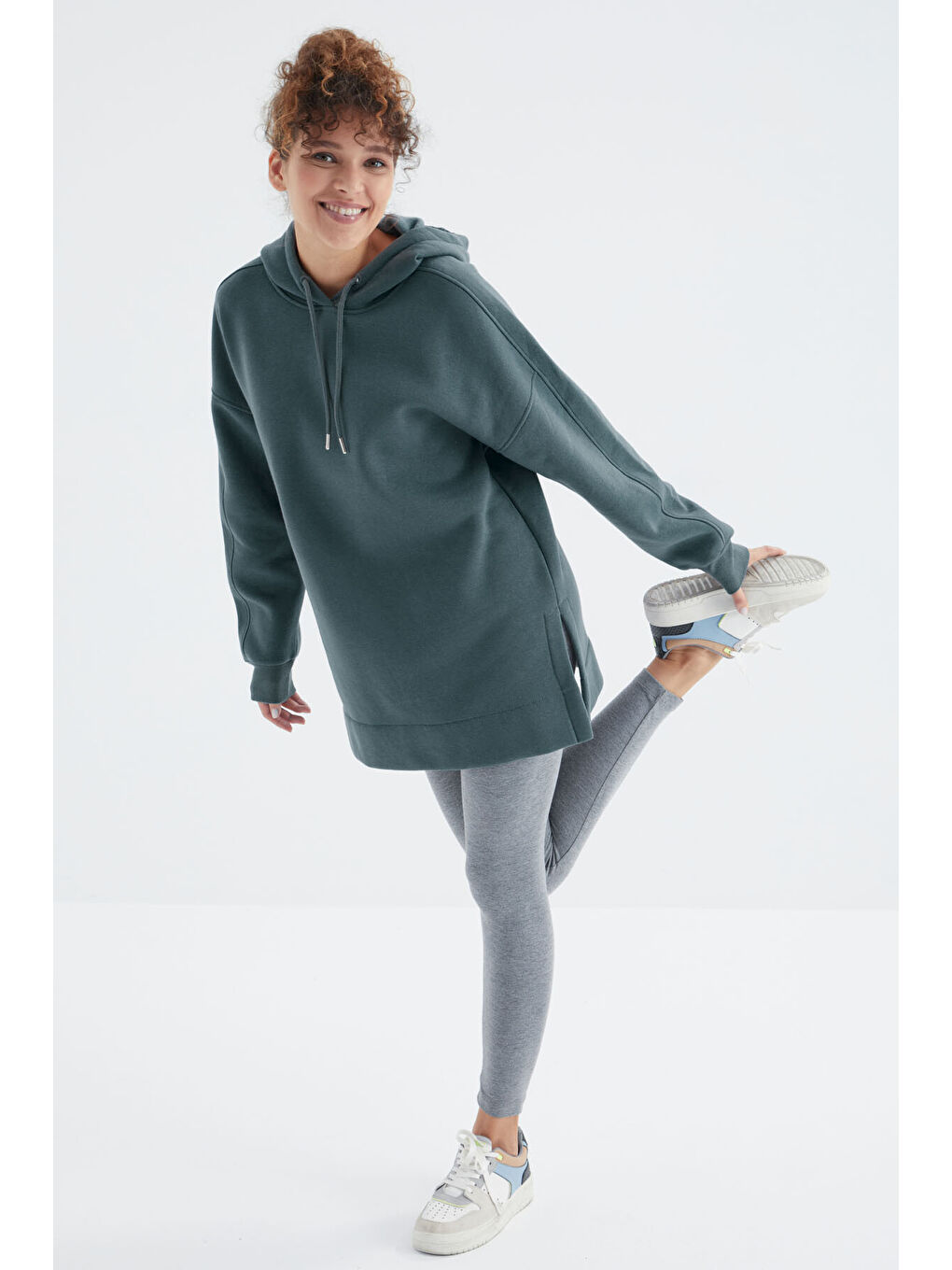 Orman Yeşili Reglan Kol Basic Kapüşonlu Oversize Tunik - 97242-1