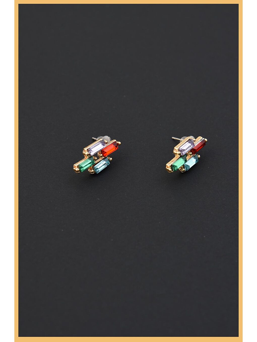 Sarı 2'li Altın Kaplama Dörtgen Renkli Zirkon Baget Küpe Seti-1