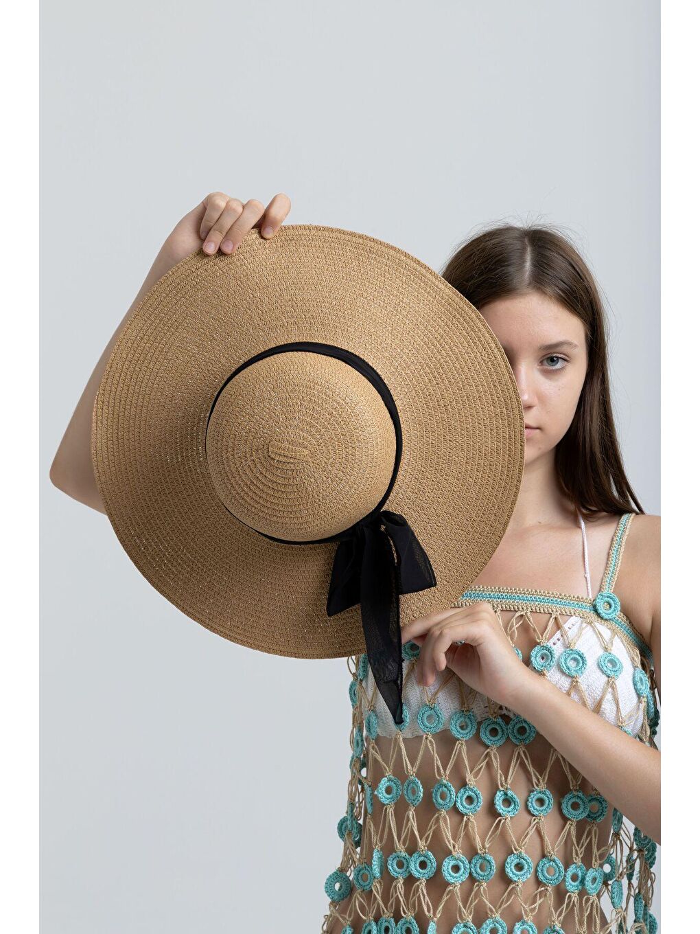 Kahverengi Fiyonklu Camel Geniş Hasır Şapka HSR2081-1