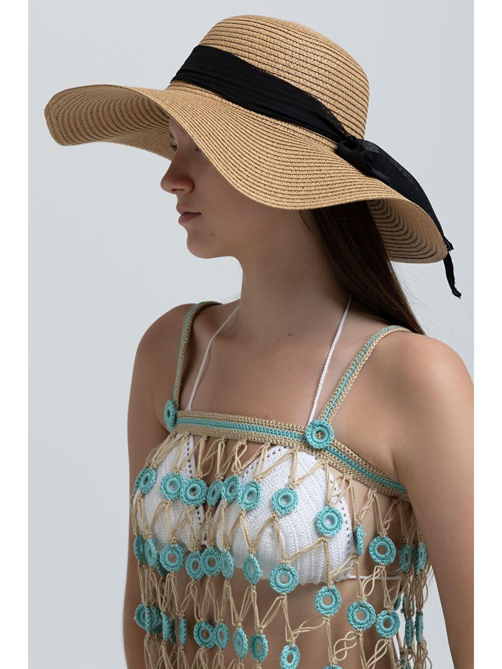 Kahverengi Fiyonklu Camel Geniş Hasır Şapka HSR2081-2