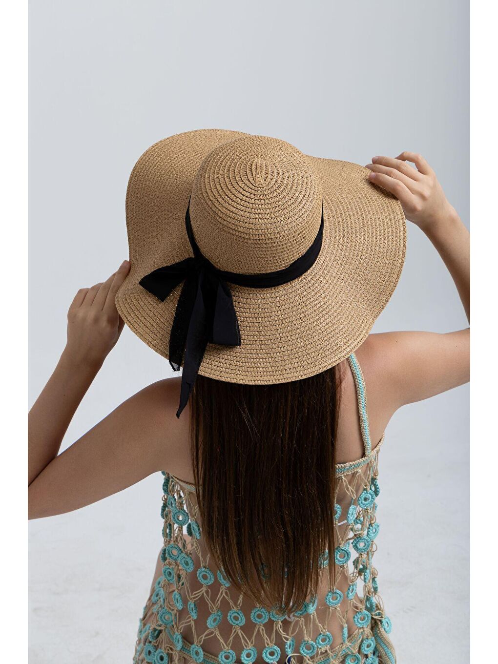 Kahverengi Fiyonklu Camel Geniş Hasır Şapka HSR2081-4