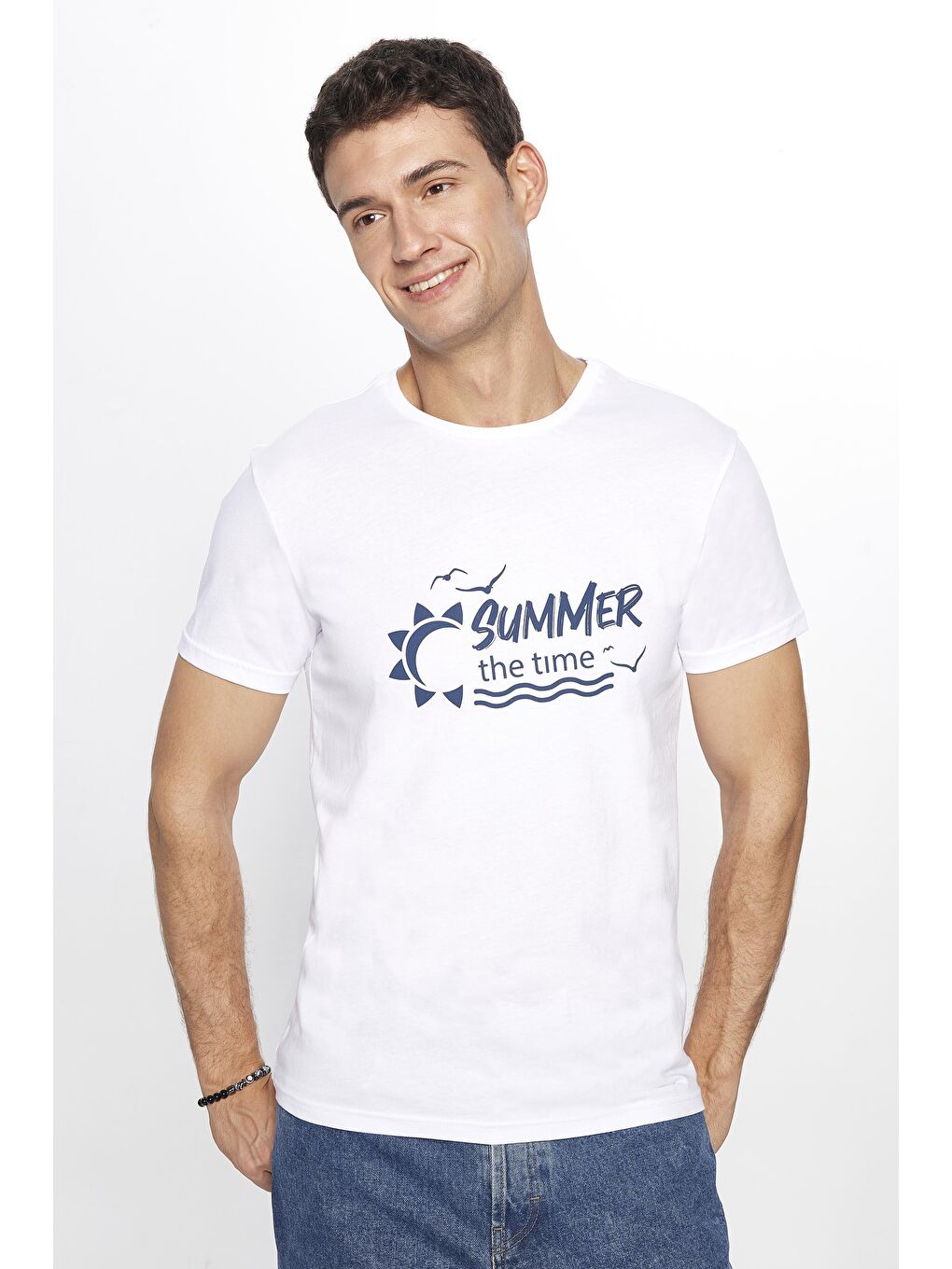 Erkek Slim Fit Dar Kesim %100 Pamuk Yumuşak Dokulu Baskılı Beyaz Bisiklet Yaka Tişört