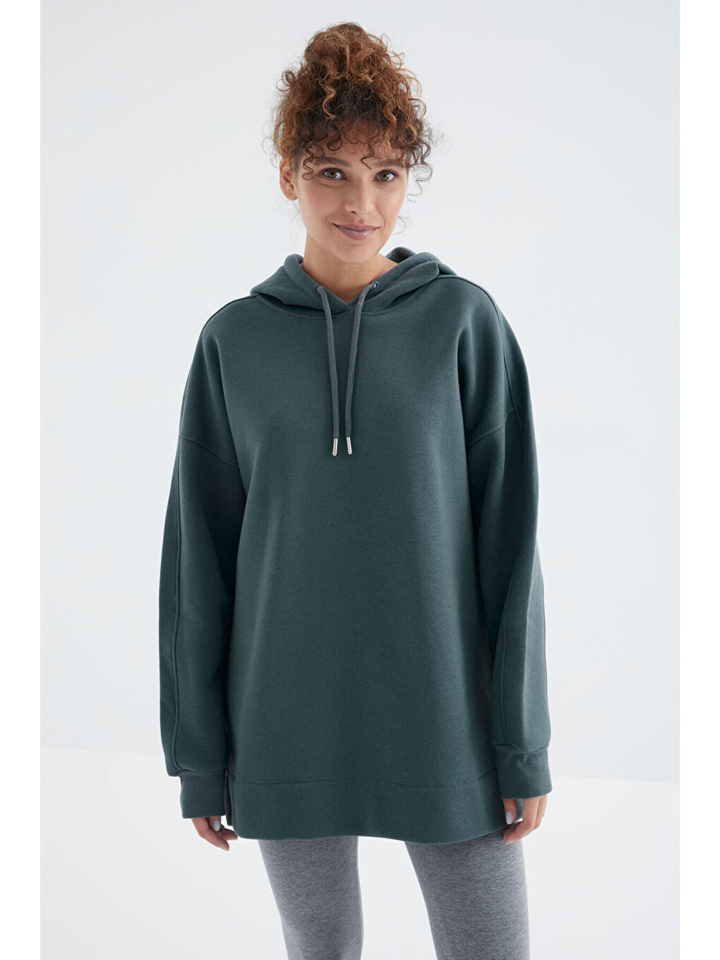 Orman Yeşili Reglan Kol Basic Kapüşonlu Oversize Tunik - 97242-3