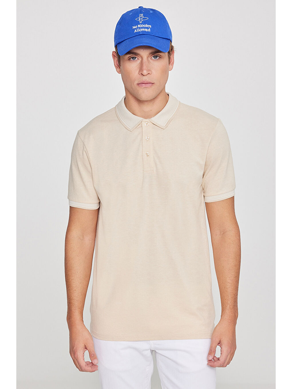Erkek Açık Bej-Beyaz Slim Fit Dar Kesim Kıvrılmaz Polo Yaka Kısa Kollu Tişört-3