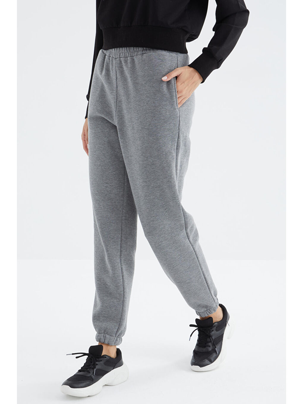 Gri Melanj Yüksek Bel Rahat Form Basic Jogger Kadın Eşofman Alt - 94624-1