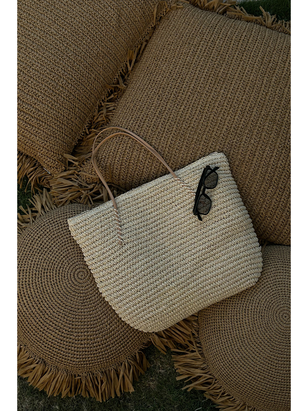 Bej Doğal Dokuma Hasır Omuz Çantası Harmony