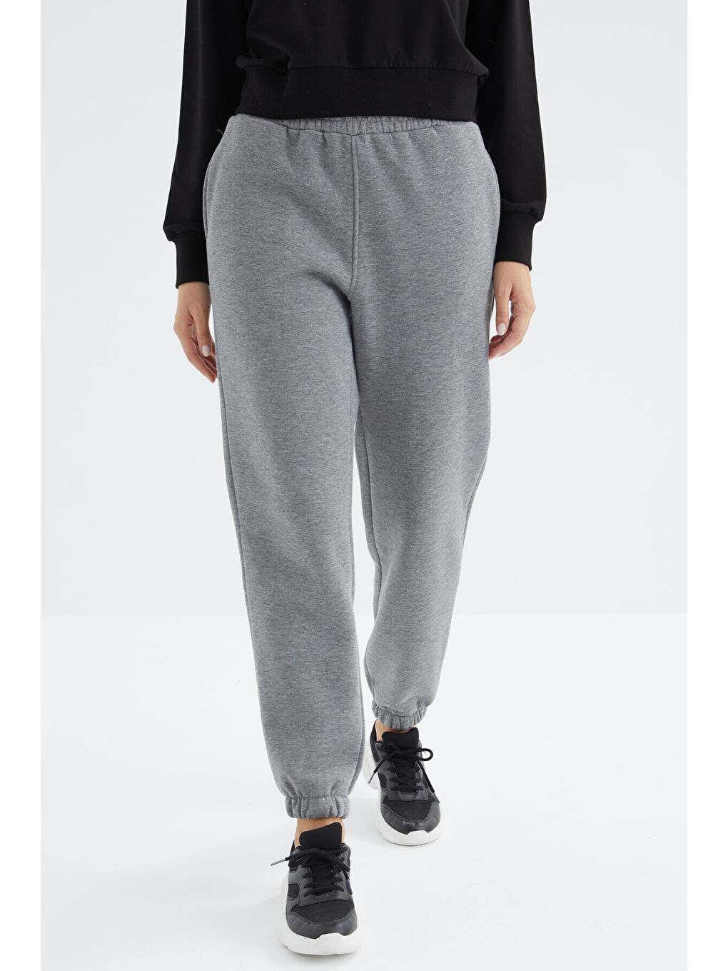 Gri Melanj Yüksek Bel Rahat Form Basic Jogger Kadın Eşofman Alt - 94624-3
