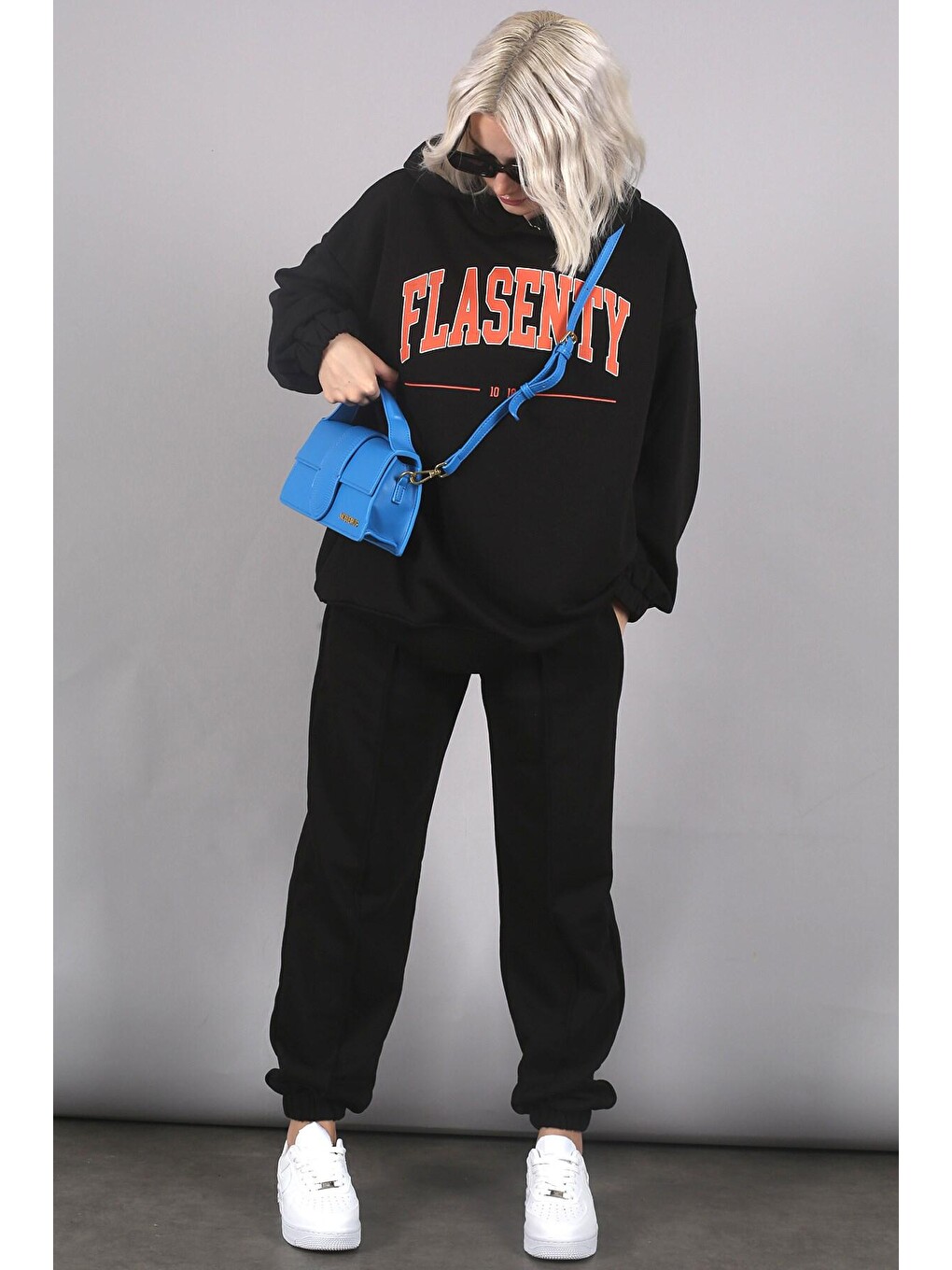 Siyah Oversize Baskılı Eşofman Takım Mg1561