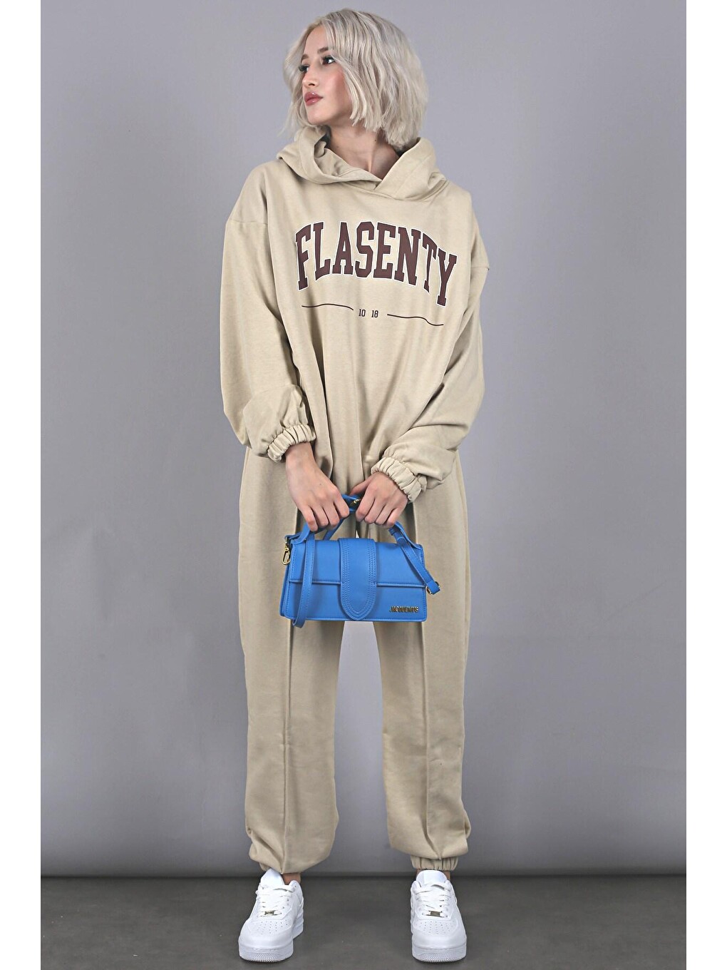 Bej Oversize Baskılı Eşofman Takım Mg1561