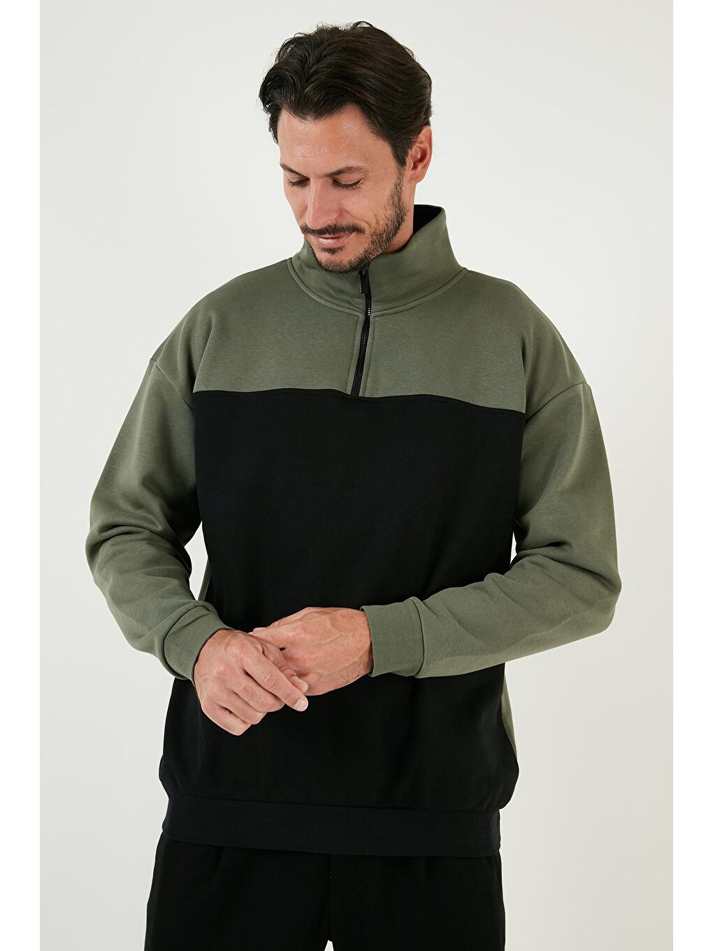 Buratti Siyah-Haki Regular Fit Fermuarlı Dik Yaka İçi Tüylü Yumuşak Şardonlu Kışlık Sweat 5905343 - 2