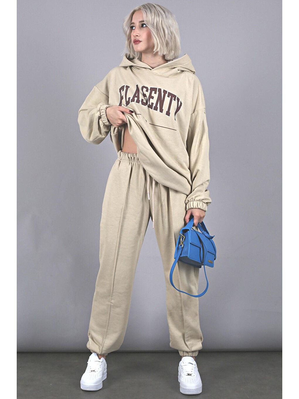 Bej Oversize Baskılı Eşofman Takım Mg1561-1