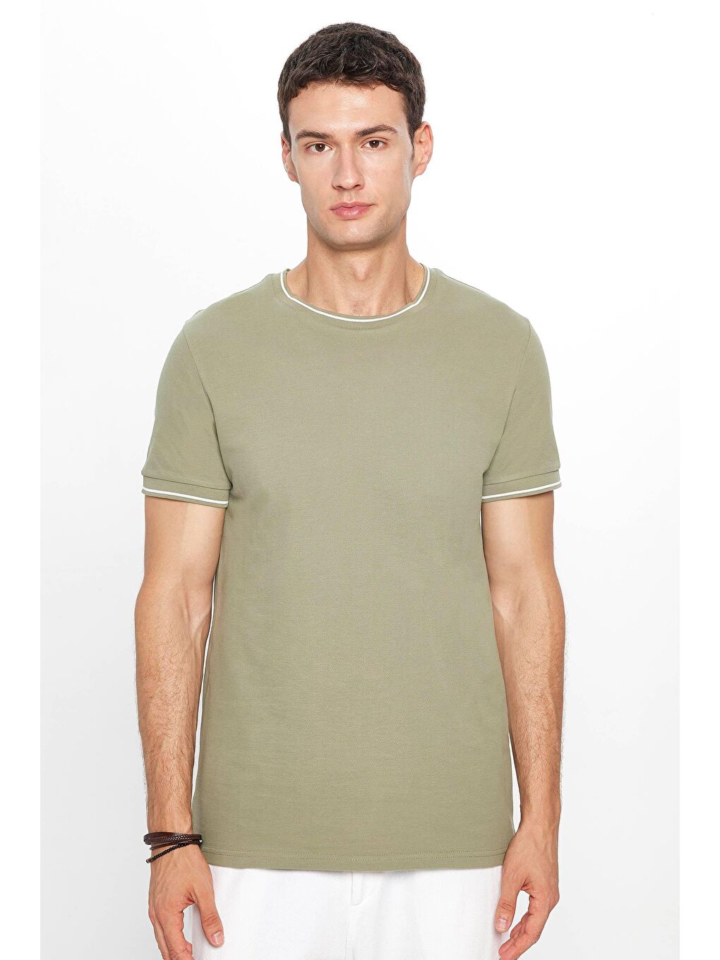 Erkek Slim Fit Dar Kesim %100 Pamuk Düz Pike Haki Bisiklet Yaka Tişört-1