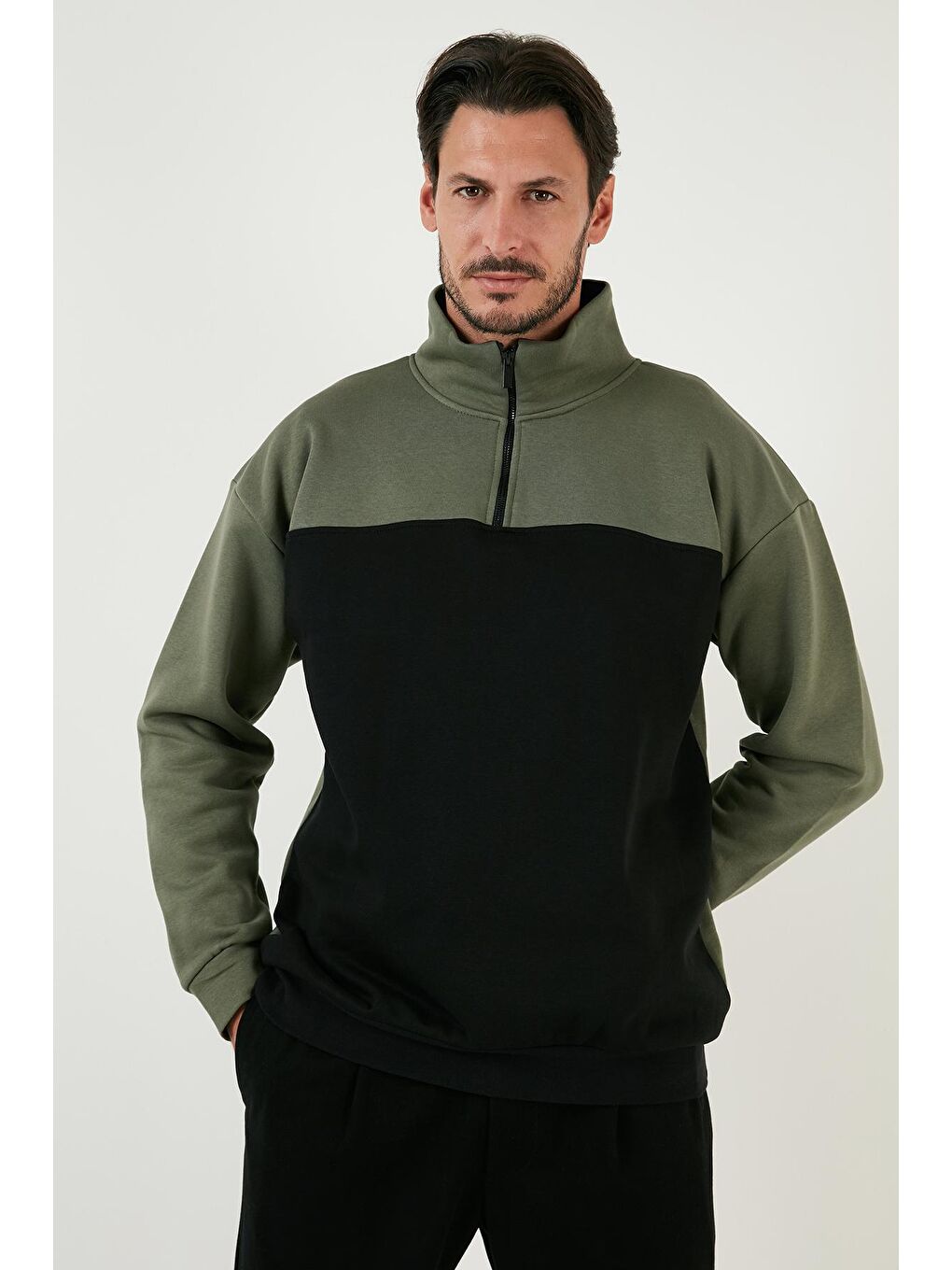 Buratti Siyah-Haki Regular Fit Fermuarlı Dik Yaka İçi Tüylü Yumuşak Şardonlu Kışlık Sweat 5905343 - 3