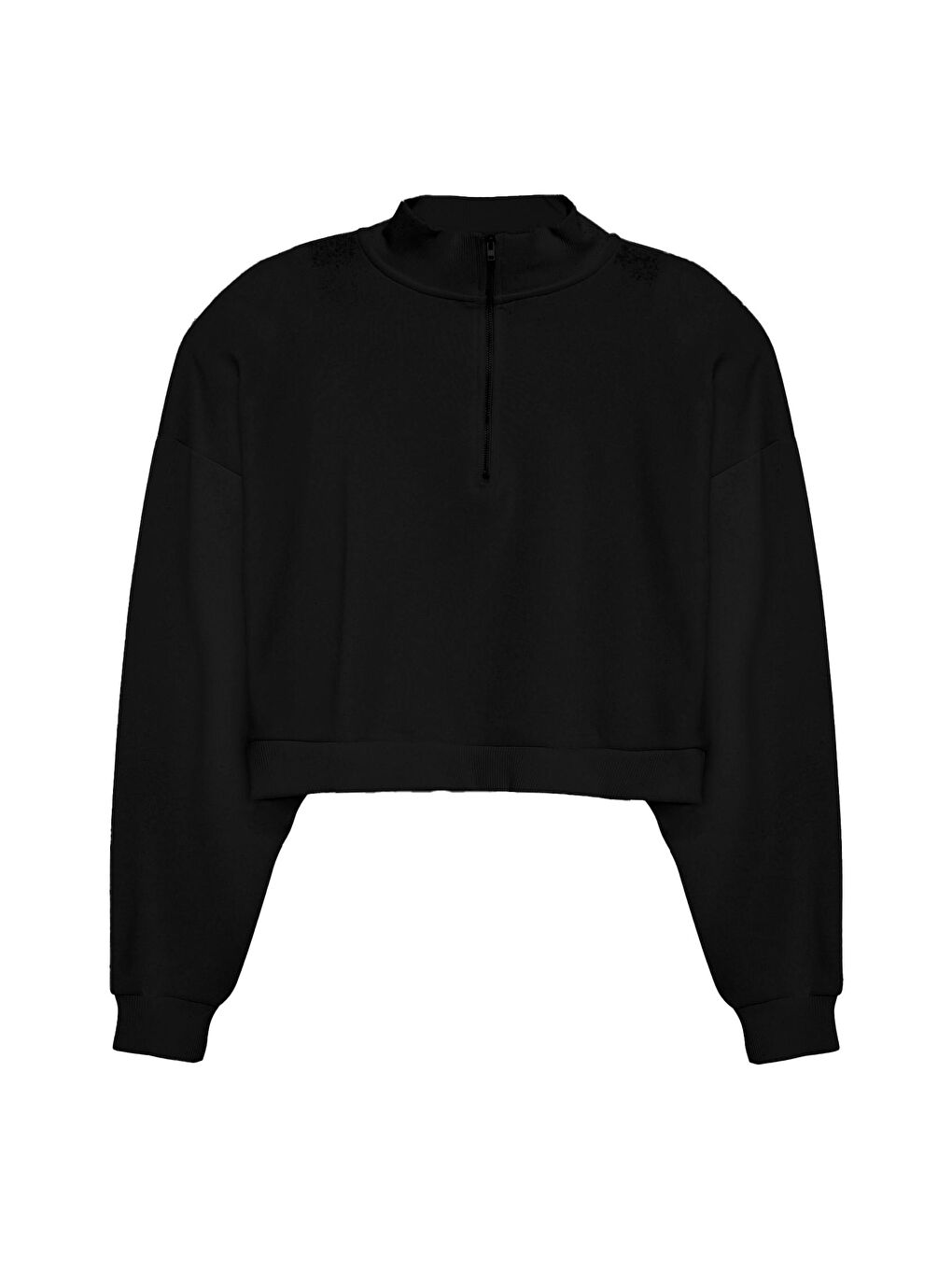 QUZU Siyah Fermuar Detaylı Crop Sweatshirt Siyah