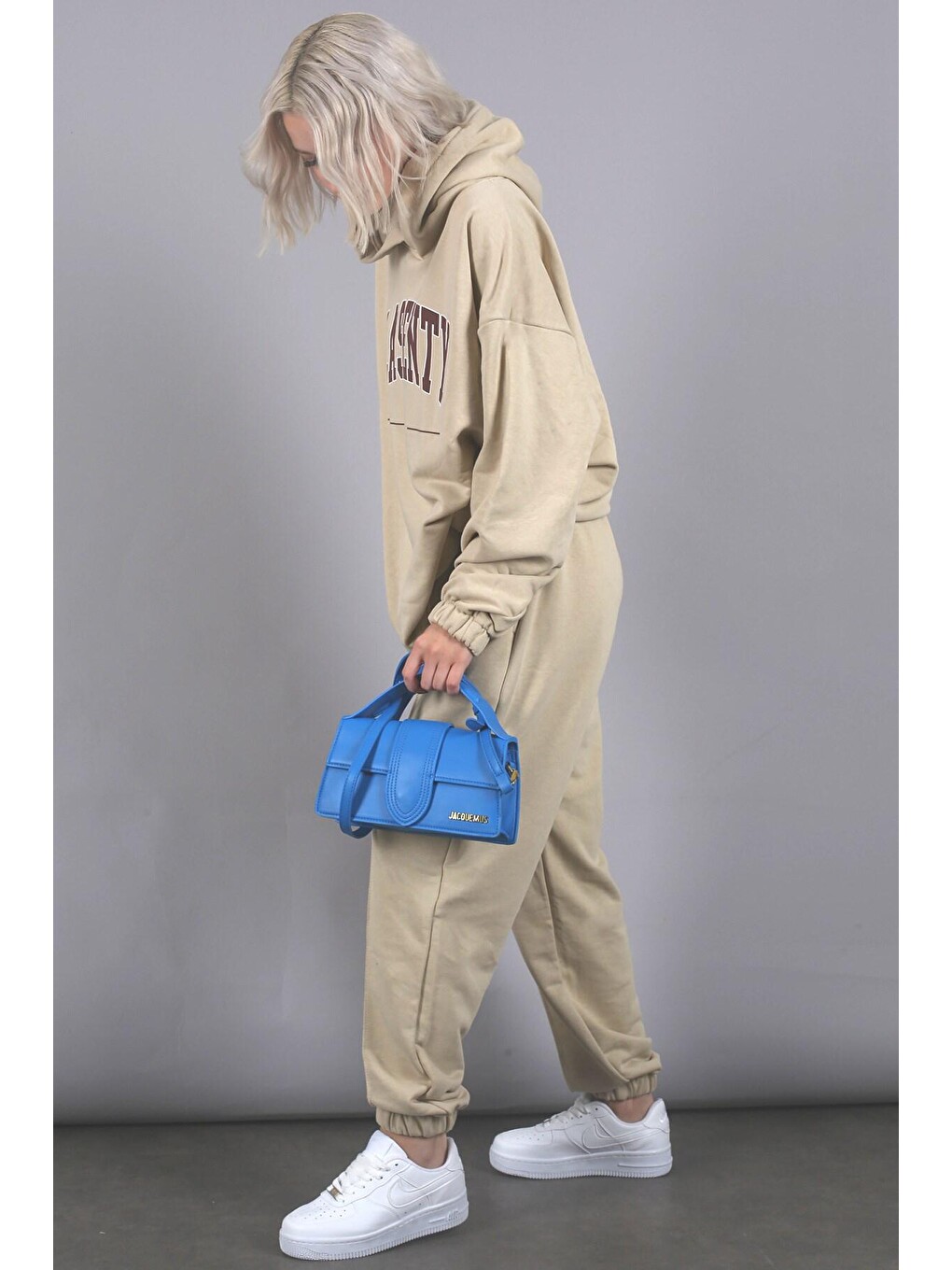 Bej Oversize Baskılı Eşofman Takım Mg1561-2