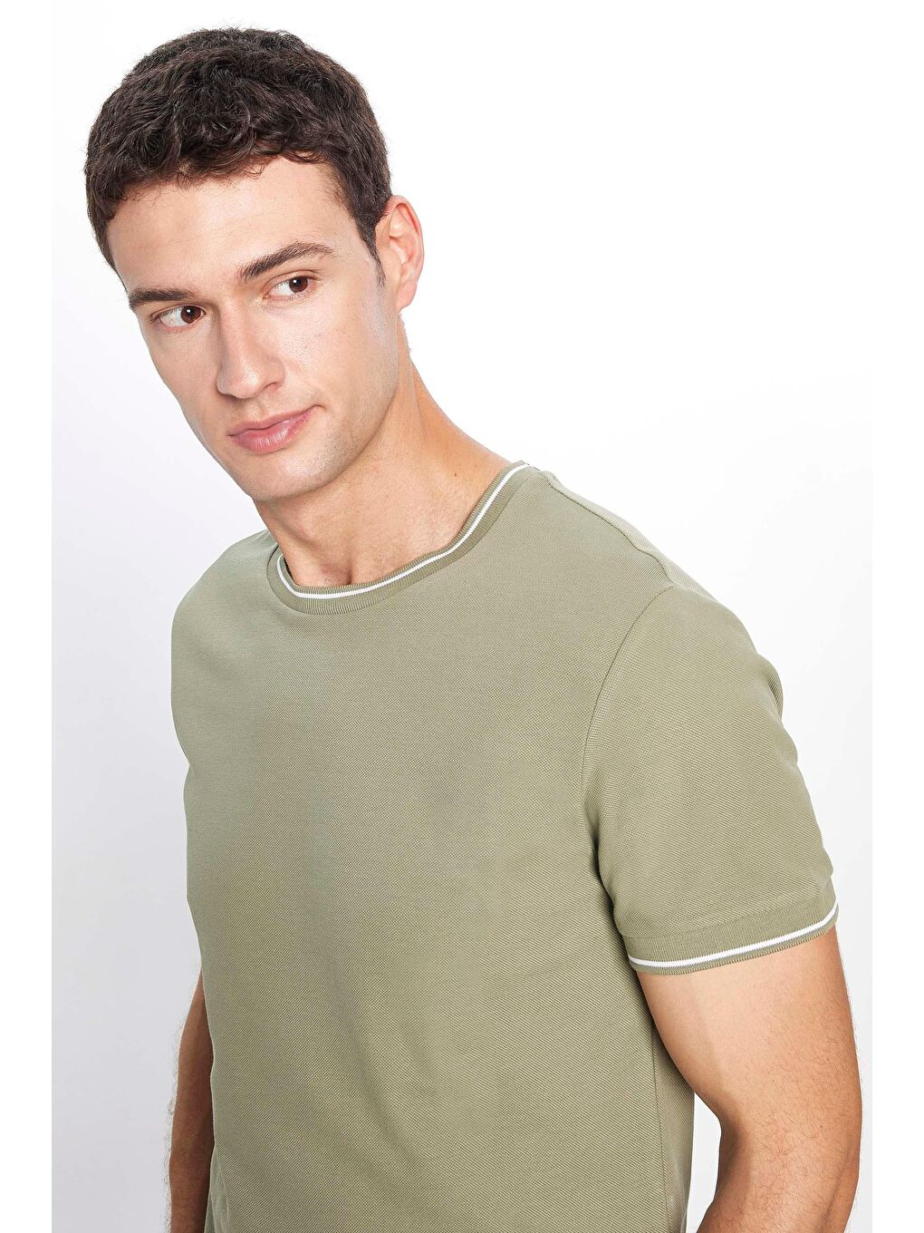 Erkek Slim Fit Dar Kesim %100 Pamuk Düz Pike Haki Bisiklet Yaka Tişört-2