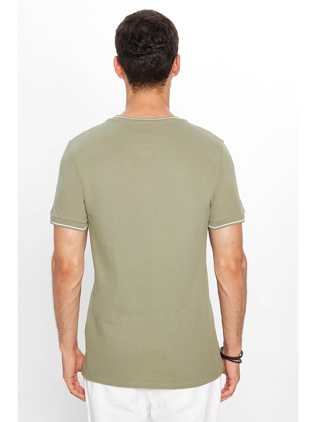 Erkek Slim Fit Dar Kesim %100 Pamuk Düz Pike Haki Bisiklet Yaka Tişört-4