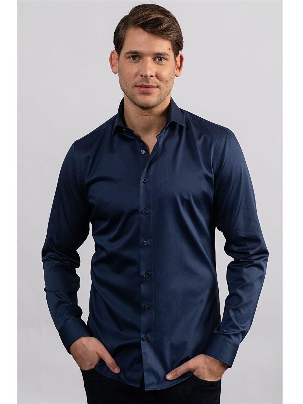 TUDORS Lacivert Slim Fit Koton Saten Premium Seri Erkek Lacivert Gömlek