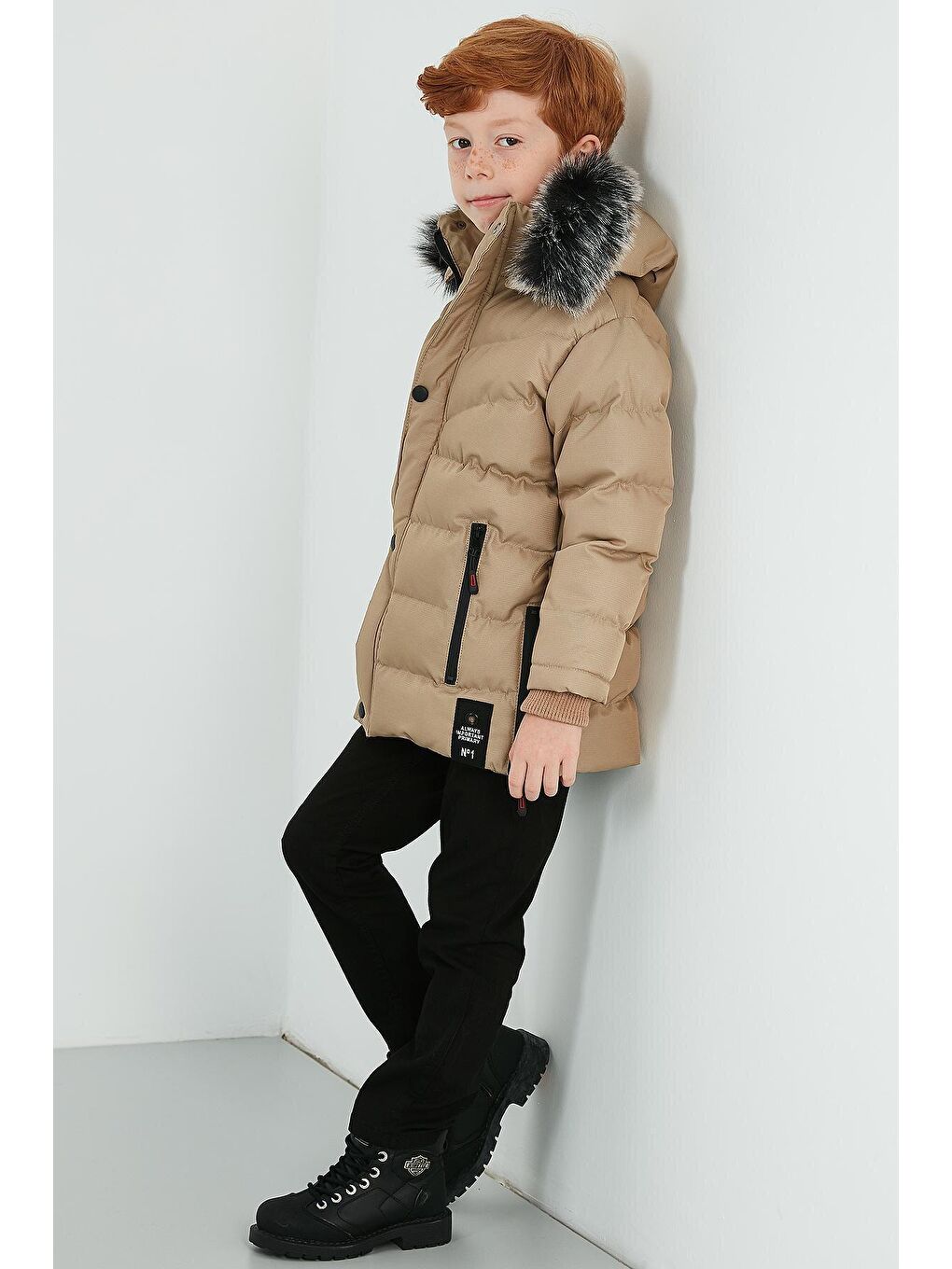 Ekru Suni Kürklü Peluş Astarlı Çıkarılabilir Kapüşonlu Mont 5763028