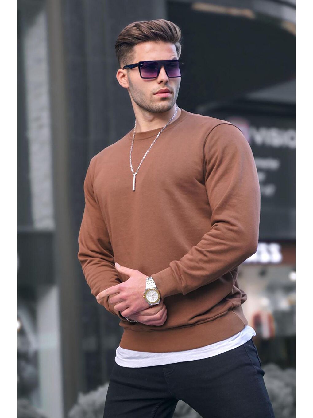 Madmext Kahverengi Basic Bisiklet Yaka Erkek Sweatshirt 6047