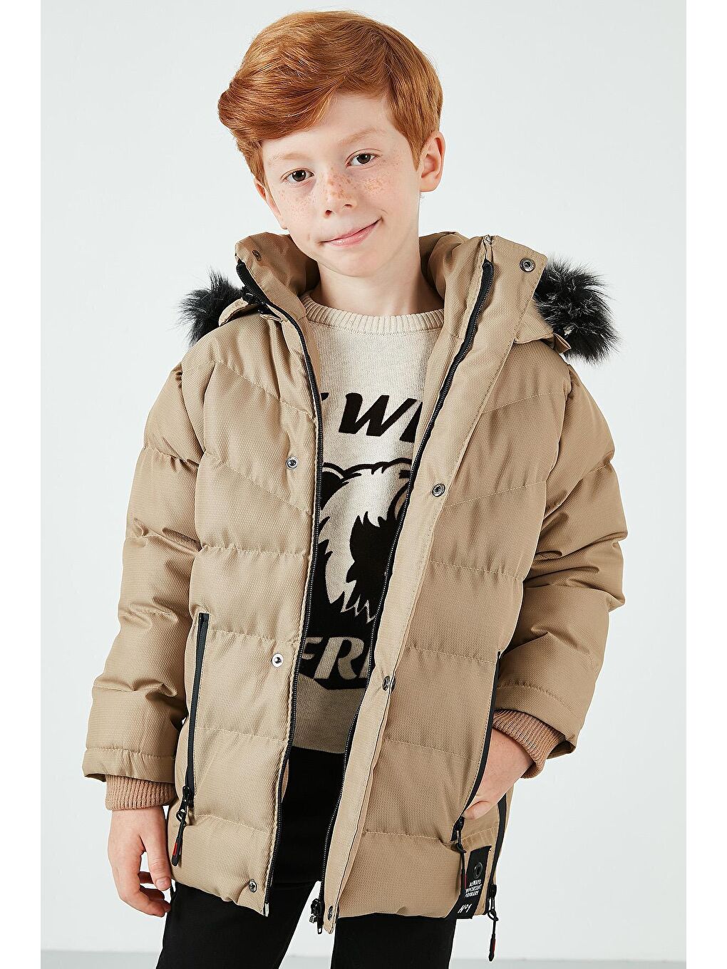 Ekru Suni Kürklü Peluş Astarlı Çıkarılabilir Kapüşonlu Mont 5763028-1