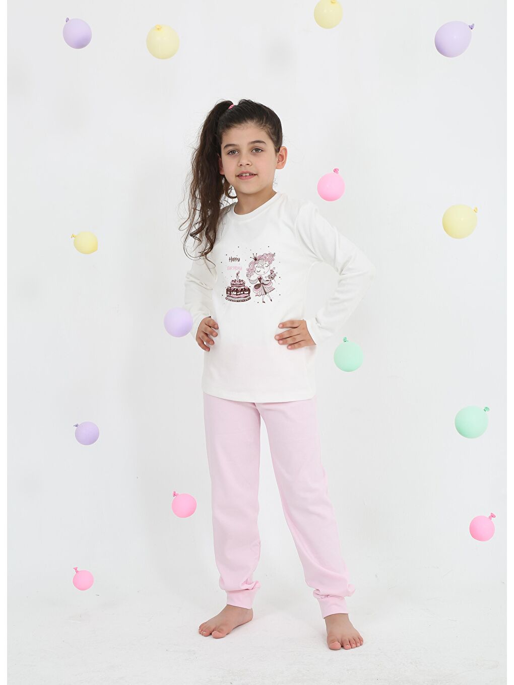 Ekru Bisiklet Yaka Uzun Kollu Kız Çocuk Pijama Takımı-1