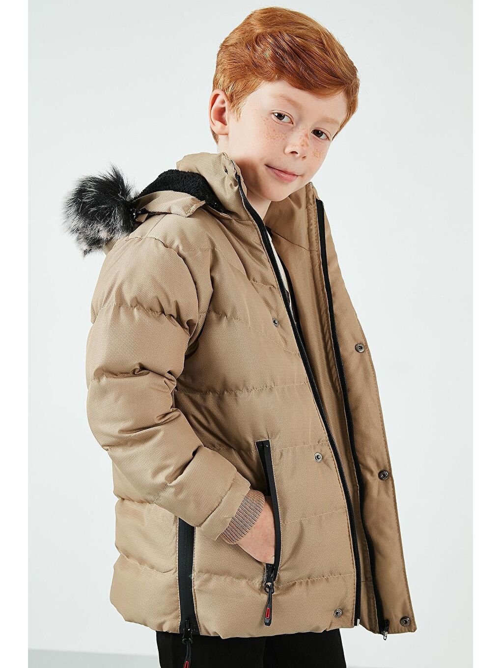 Ekru Suni Kürklü Peluş Astarlı Çıkarılabilir Kapüşonlu Mont 5763028-2