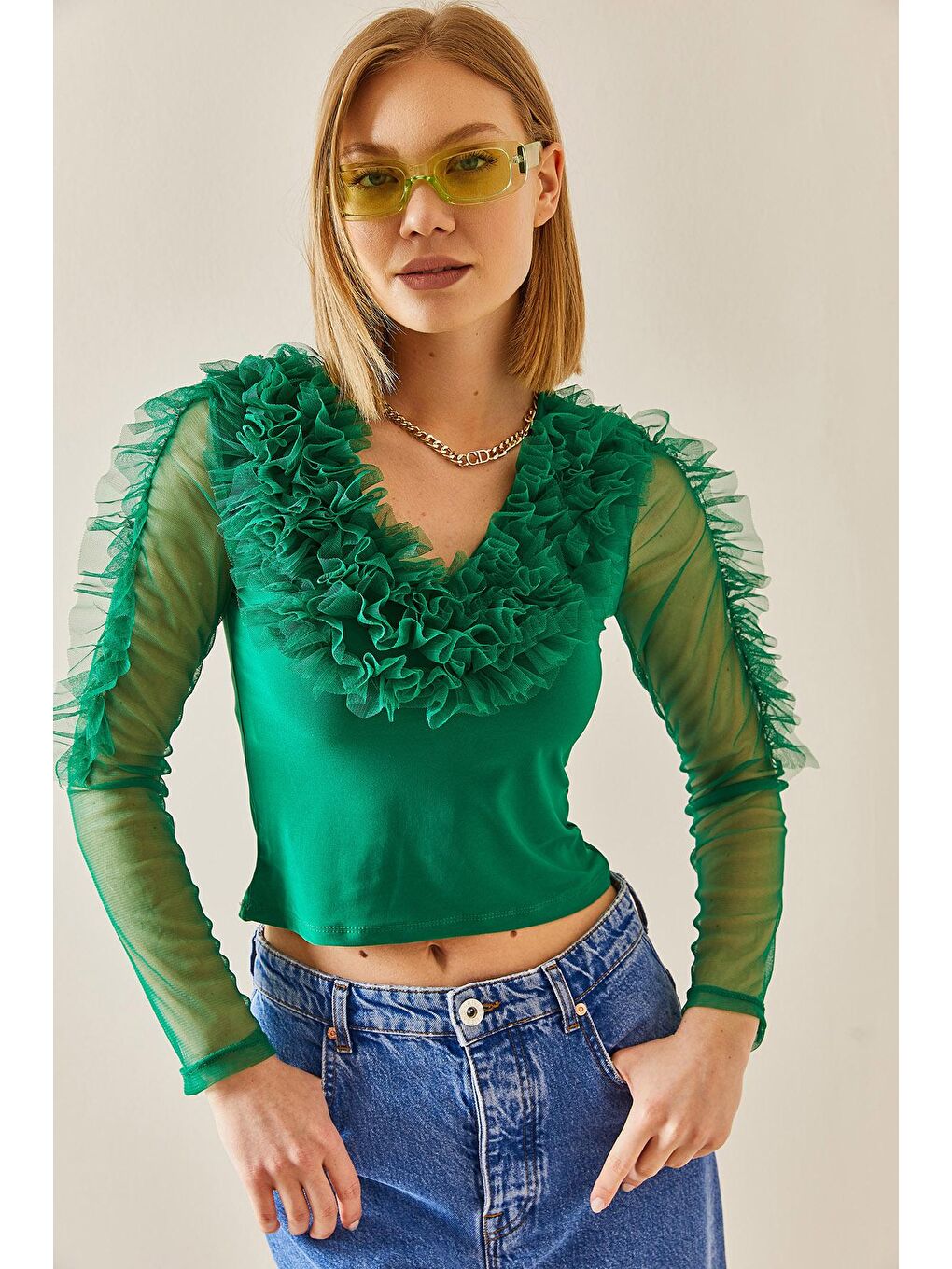 Yeşil V Yaka Tütü Detaylı Bluz 3YXK2-47243-08