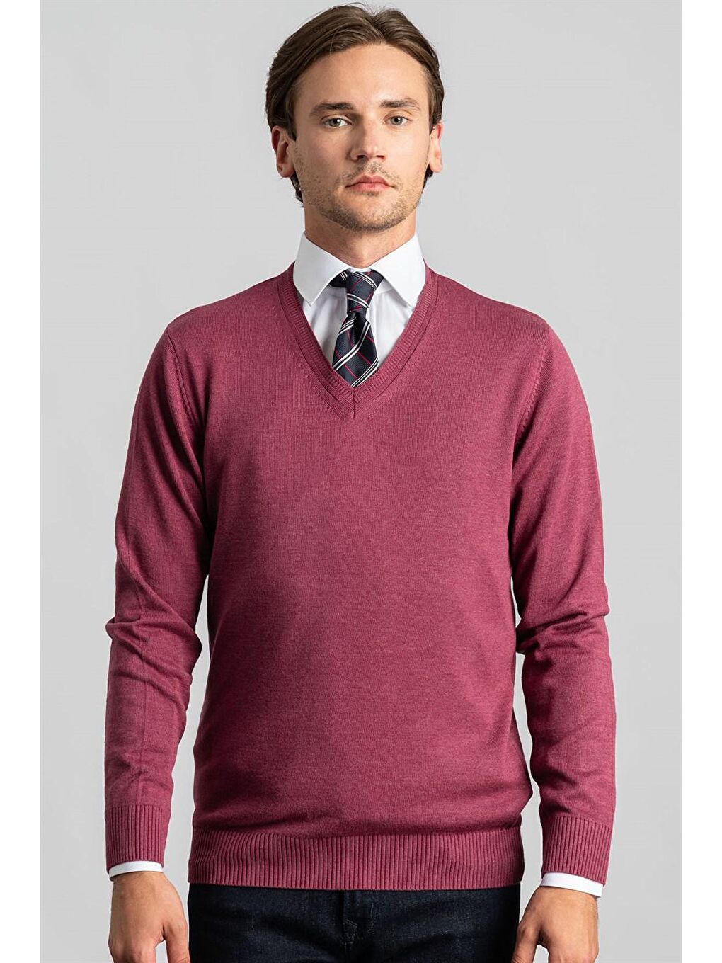 Erkek Standart Fit Normal Kesim V Yaka Pamuklu Gül Kurusu Pembe Triko Kazak-1