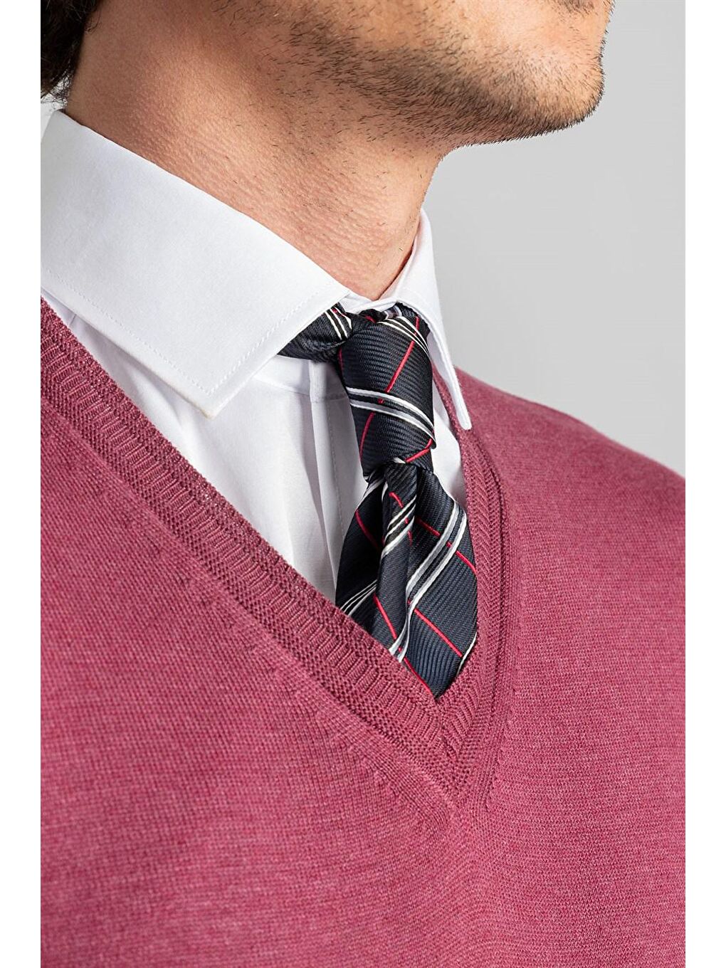 Erkek Standart Fit Normal Kesim V Yaka Pamuklu Gül Kurusu Pembe Triko Kazak-2